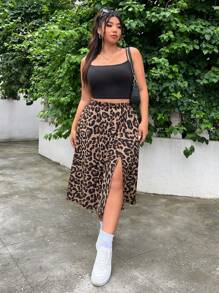 SHEIN EZwear Plus Size Women's Leopard Print Elastic Waist Skirt - Multicolor - View 3