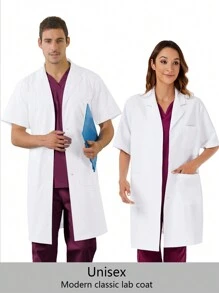 Unisex Loose Short Sleeve Mid-Length White Lab Coat