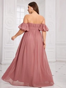Vestido de gasa con cuello plisado, mangas farol y abertura alta para mujer de talla grande - Rosa vieja - Ver 2