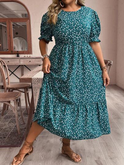 SHEIN VCAY Plus Size Boho Vacation Leisure Puff Sleeve Ditsy Floral Long Dress With Cinched Waist, For Summer,Beach Dress Sundress,Holiday Outfits