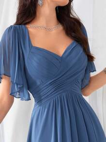 荷叶边袖后背甜心领纯色薄纱连衣裙，伴娘服，新娘服，生日女士服装，毕业礼服，正式礼服