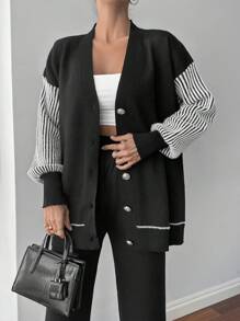 EURMUSE Single-Breasted Casual Long Sleeve Cardigan And Solid Color Pants Set - Black - View 2