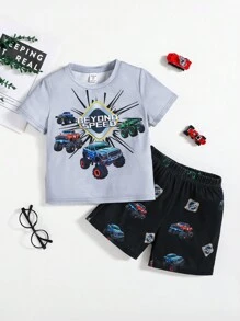 SHEIN Bộ quần áo mặc nhà mùa hè cho bé trai – Bộ áo ngắn tay cổ tròn & ngắn in họa tiết xe hơi, Bộ đồ ngủ thoải mái họa tiết mát mẻ, Trang phục ngủ ấm cúng cho trẻ em - Xám - Xem 1