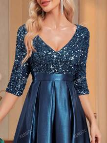 Vrouwen V-hals Lange Sequin Formele Jurk (Zware Decoratie) Elegante Lange Mouw Prom Avond Bruiloft Gast Jurk, Voor Afstuderen, Diner Feest Jurk