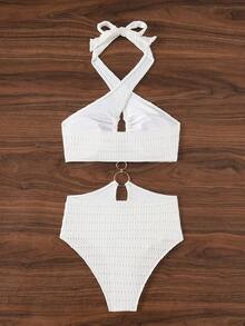 SHEIN Swim Áo tắm một mảnh màu trơn đi biển mùa hè có dây đeo - trắng - Xem 6