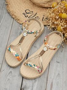 Nữ Dệt Mùa Hè Đế Bằng Màu Vàng Nhẹ Chống Trơn Trượt Giày Đi Biển Họa Tiết Ngẫu Nhiên Bohemian Kỳ Nghỉ Xăng Đan - Vàng - Xem 5