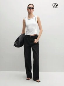 BizChic Women's Business Attire Office Work Cheongsam Style Black & White Contrast Knitted Fitted Tank Top