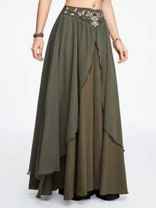 ROMWE Fairycore Renaissance Contrast Embroidery Colorblock Long Skirt For Spring & Summer - Army Green - View 5