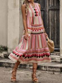 Breezaya Vacation Style Geometric Printed Notched Neck Dress With Ruffled Hem For Summer - Multicolor - View 3