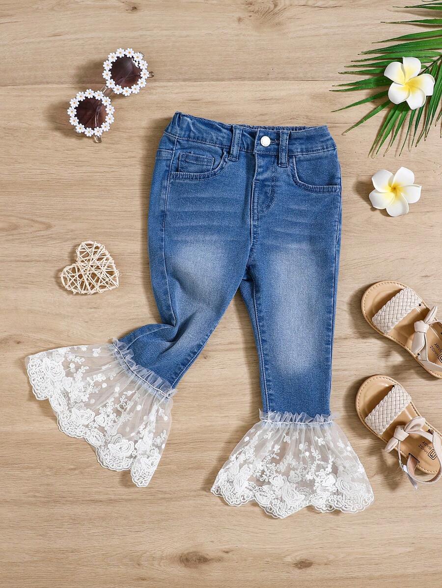 SHEIN Young Girls' Mesh Jeans, Simple Style, Blue, Perfect For Daily Wear - Light Wash - View 1