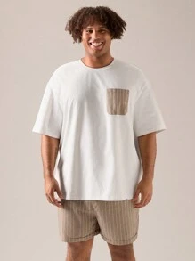 Manfinity VCAY 2pcs/Set Plus Size Men's Casual Knitted Loose Drop-Shoulder Short Sleeve T-Shirt And Woven Striped Straight Shorts, Suitable For Summer And Daily Wear - Multicolor - View 3