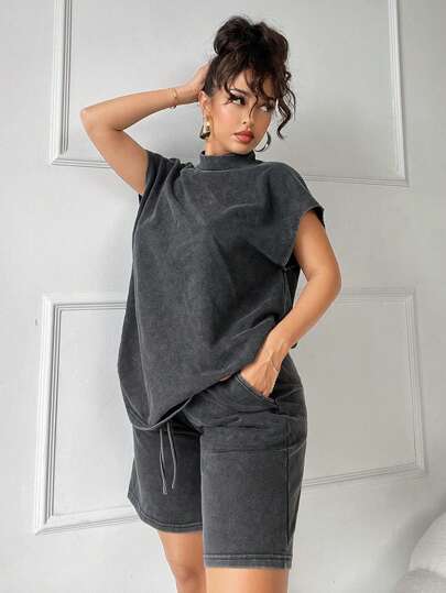 SHEIN SXY Summer Wasteland Style Casual Two-Piece Set, Distressed Snow Washed Tee With Drop Shoulder & Wide-Leg Bermuda Shorts