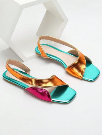 2024 New Summer Fashionable Flat Sandals For Women With Multiple Straps Decoration, Slip-Resistant, Suitable For Beach And Outdoor Activities, Ladies' Flat Sandals With Metallic Shiny Multi-Colored Block Patchwork