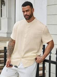 Manfinity CasualMax Men's Plus Size Solid Color Short Sleeve Button Up Single-Breasted Casual Shirt For Summer - Apricot - View 6