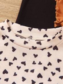 SHEIN Genkimix Kids 少女4入組純色和心形印花莴苣邊T恤，夏日必備 - 彩色 - 查看 6