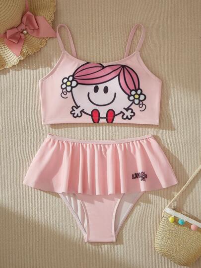 Mr Men Little Miss X SHEIN 女童弹力针织休闲卡通字母图案比基尼套装夏季海滩