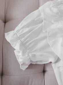 Chiquease Áo Sơ Mi Nữ Tay Ngắn Cổ Tròn Màu Trơn Có Viền Ruffle, Mùa Hè - trắng - Xem 5