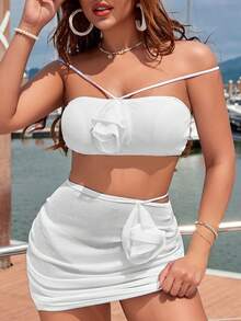 Swim Vcay Women's Summer Beach Solid Color 3-Piece Bikini Set With 3D Flower Decoration - White - View 4
