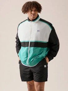 Manfinity VCAY 2pcs Men's Plus Size Casual Woven Patchwork Stand Collar Zipper Jacket And Straight Shorts Set, Suitable For Spring And Summer Back To School, For Fall Winter - Blue - View 4