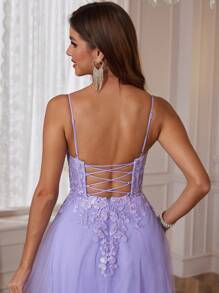 细肩带蕾丝舞会礼服，带蝴蝶刺绣，长款 A 字形闪亮贴花，青少年返校节礼服，网眼正式晚礼服，带骨派对舞会礼服，女士系带后背优雅婚礼宾客礼服，适合毕业典礼、晚宴