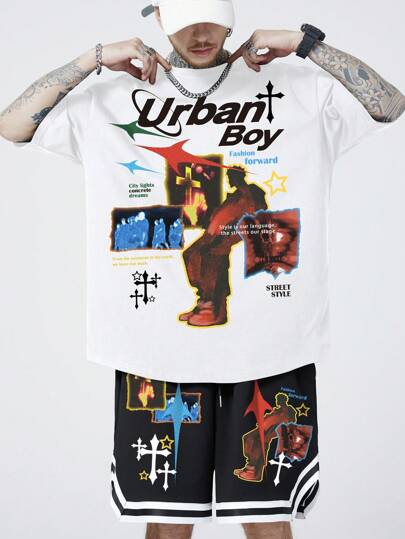 Street Life Juego de 2 piezas de camiseta estampada y pantalones cortos para hombres para primavera/verano