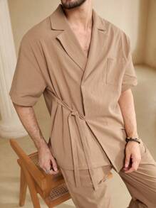 Manfinity Homme Men Solid Knot Side Blouse & Pants - Khaki - View 6