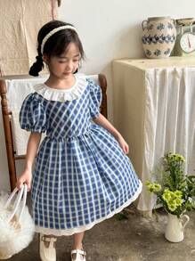 Vintaside Kids Vestido de princesa de cuadros dulce y encantador para niñas pequeñas, patrón clásico de cuadros azules, diseño de manga abullonada y bordados huecos en el cuello y el dobladillo agregan un toque de elegancia y dulzura, lo que hace que el aspecto general sea talla grande tridimensional e interesante. Adecuado para uso diario, reuniones familiares, fiestas de cumpleaños y ocasiones especiales. - Multicolor - Ver 1