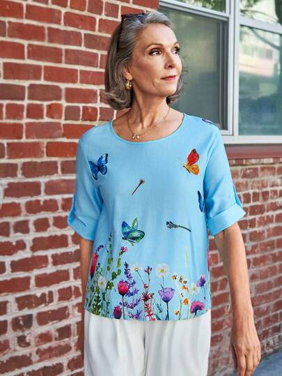 SHEIN LUNE 女款夏季蝴蝶印花圓領翻邊短袖寬鬆休閒衫