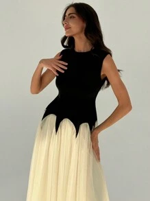 Aloruh Elegant Color Block Mesh Splicing Slim Fit Sleeveless Round Neck Dress Suitable For Work And Date - Black - View 5