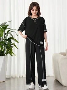 SHEIN Teen Girls Black & Contrast Thread Woven Patchwork Loose Knit T-Shirt And Wide-Leg Split Hem Pants 2pcs Outfits, Casual/Streetwear