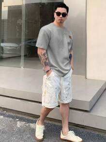 DAZY Men's Letter Adhesive Label Summer Round Neck Short Sleeve Casual T-Shirt - Grey - View 5