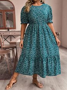 SHEIN VCAY Plus Size Boho Vacation Leisure Puff Sleeve Ditsy Floral Long Dress With Cinched Waist, For Summer,Beach Dress Sundress,Holiday Outfits
