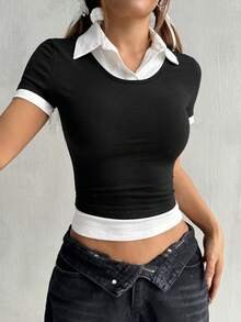 SHEIN EZwear T-shirt 2 en 1 mince pour femmes avec col rabattu et manches courtes en blocs de couleurs pour l'été - Noir et Blanc - Voir 3