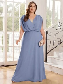 SHEIN Belle Elegant Plus Size Bridesmaid Dress With A Slouchy Drop Shoulder Neckline - Dusty Blue - View 3