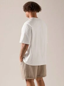 Manfinity VCAY 2pcs/Set Plus Size Men's Casual Knitted Loose Drop-Shoulder Short Sleeve T-Shirt And Woven Striped Straight Shorts, Suitable For Summer And Daily Wear - Multicolor - View 2