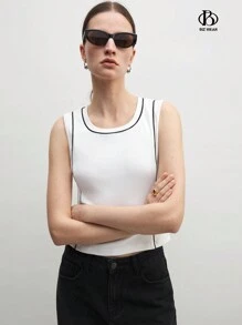 BizChic Women's Business Attire Office Work Cheongsam Style Black & White Contrast Knitted Fitted Tank Top