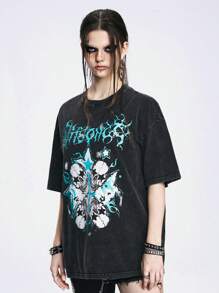 ROMWE Grunge Punk Street Style Cool Casual Snowflake Distressed Skull Chain Star Contrast Slogan Print Loose Knitted Women's T-Shirt - Black - View 5