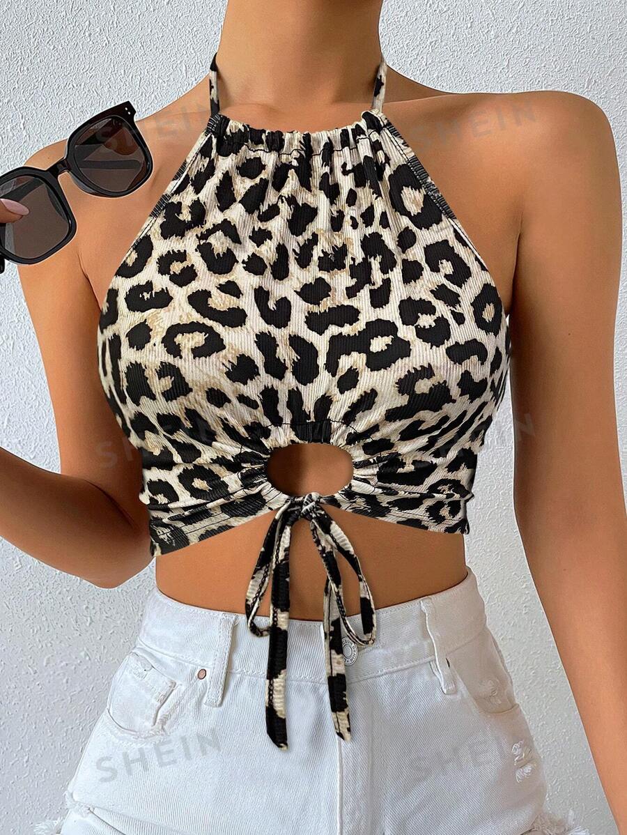 Breezaya Top corta de mujer con estampado de leopardo de verano y agujeros con lazo, camisetas con estampado de guepardo gráfico para mujeres