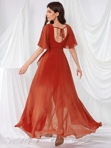UNITHORSE 不对称下摆荷叶边袖蕾丝高开衩露背伴娘服 - 橘色 - 查看 2
