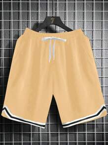 Manfinity Campus Court 男裝加大碼條紋束口腰休閒寬鬆短褲 - 卡其色 - 查看 4