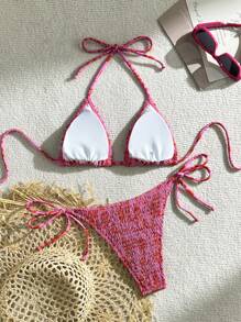 Swim Mod Conjunto de bikini sexy para mujer con estampado floral de verano, copa push-up y cuello halter con lazo