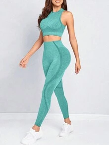 Easithlete Bộ đồ thể thao Legging và áo tập Yoga liền mạch dành cho nữ - màu xanh lá - Xem 4