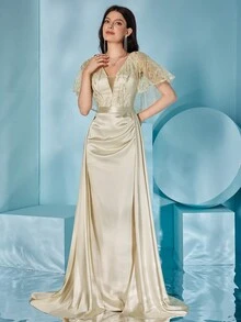 Lace Floral Patterned Sleeves, Sequined Satin Dress - Apricot - View 6