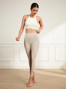 SHEIN Sports Quần legging tập luyện hàng ngày eo cao màu khối cho nữ Trang phục sân bay - Màu Khaki - Xem 3