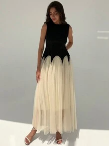 Aloruh Elegant Color Block Mesh Splicing Slim Fit Sleeveless Round Neck Dress Suitable For Work And Date - Black - View 8