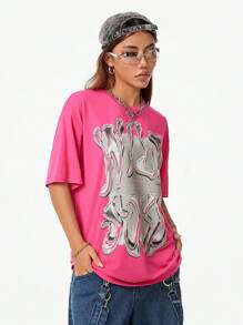 Coolane 女士 Streetwear Y2K 图案大码 T 恤 - 玫紅色 - 查看 4