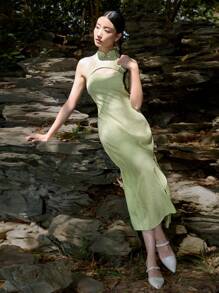 EastFlair Summer Dark-Patterned Chinese Style Cheongsam Slit Dress - Green - View 5