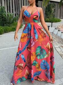 SHEIN SXY Vestido largo y sexy para mujer con tirantes, corte de abertura, lazo y estampado de hojas rojas