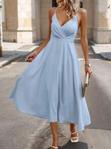 SHEIN Clasi Sukienka na ramiączkach z odkrytymi plecami i wiązaniem na plecach w stylu Criss Cross na letnie wakacje - Brudny niebieski - Zobacz 3