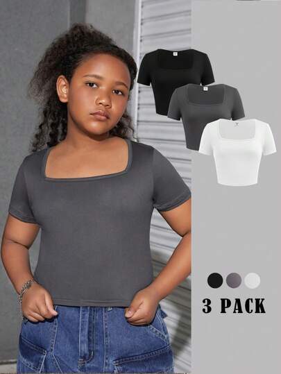 SHEIN Tween Girls' Extended Size  Casual Square Neck Short Sleeve Cropped Solid Color Minimalist T-Shirt, Multi-Pack